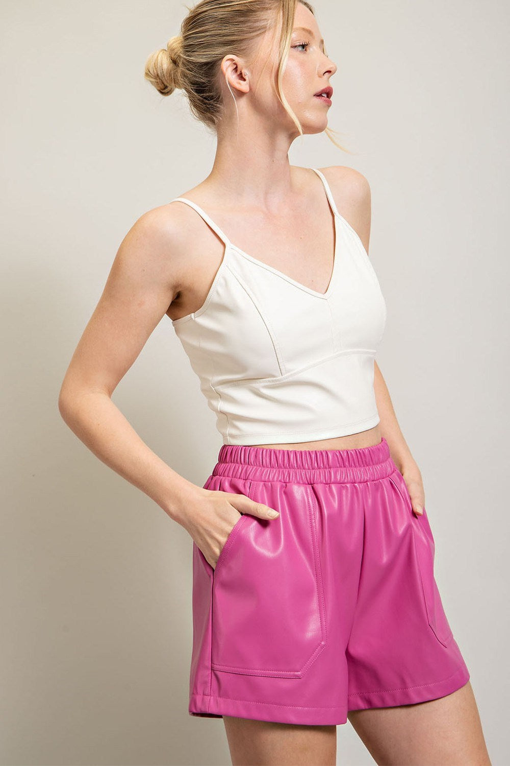 LEATHER ELASTIC WAIST SHORTS