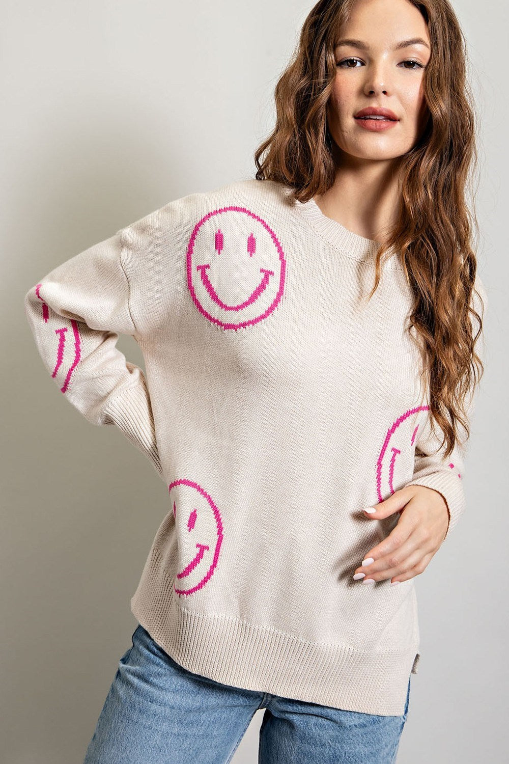 SMILE PATTERN KNIT SWEATER TOP