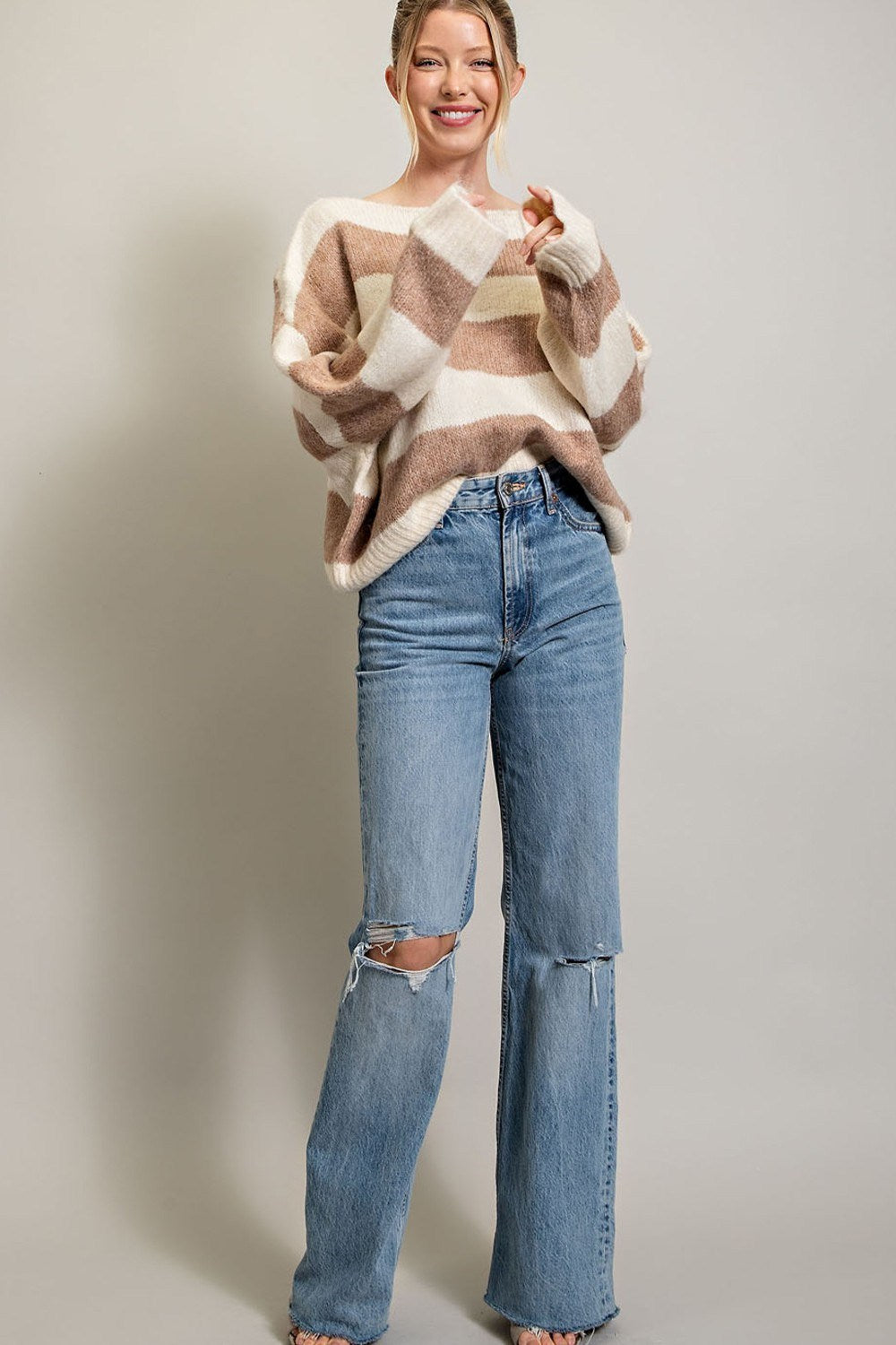 STRIPED COLD SHOULDER SWEATER TOP