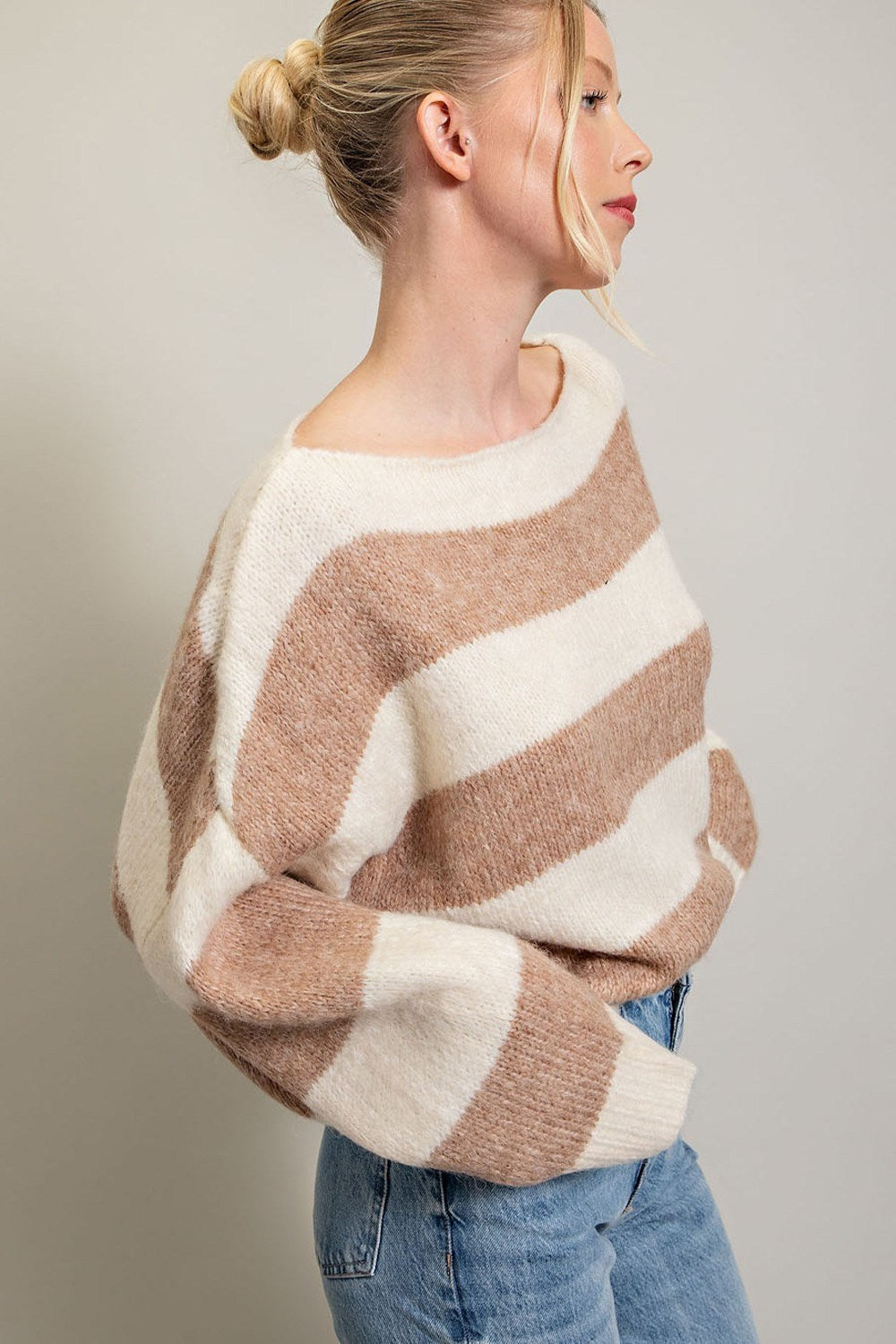 STRIPED COLD SHOULDER SWEATER TOP