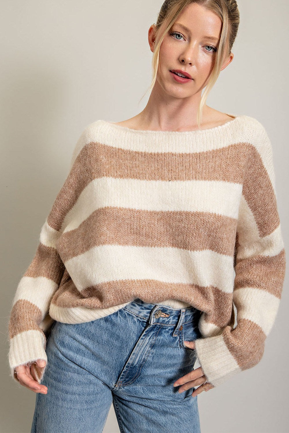 STRIPED COLD SHOULDER SWEATER TOP