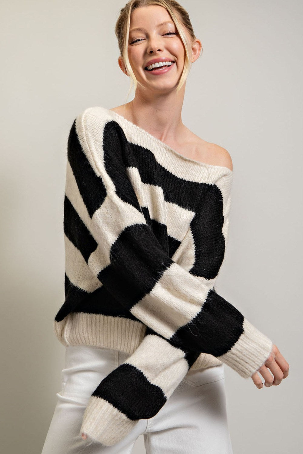 STRIPED COLD SHOULDER SWEATER TOP