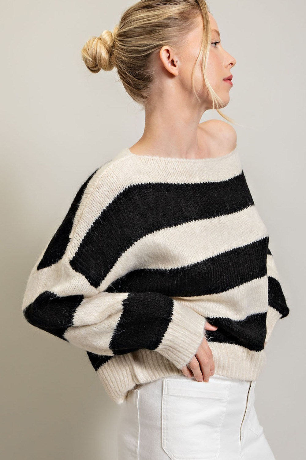 STRIPED COLD SHOULDER SWEATER TOP