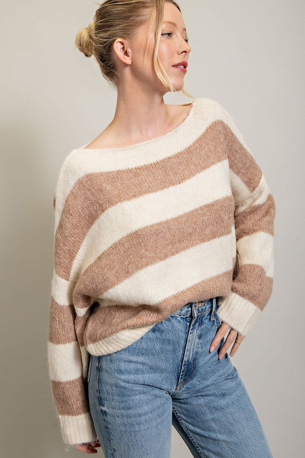 STRIPED COLD SHOULDER SWEATER TOP