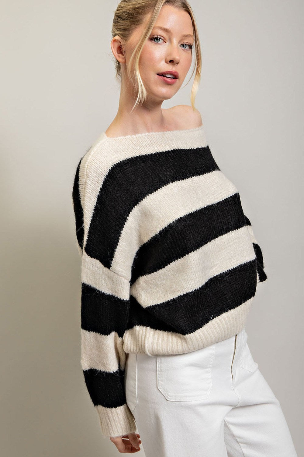 STRIPED COLD SHOULDER SWEATER TOP