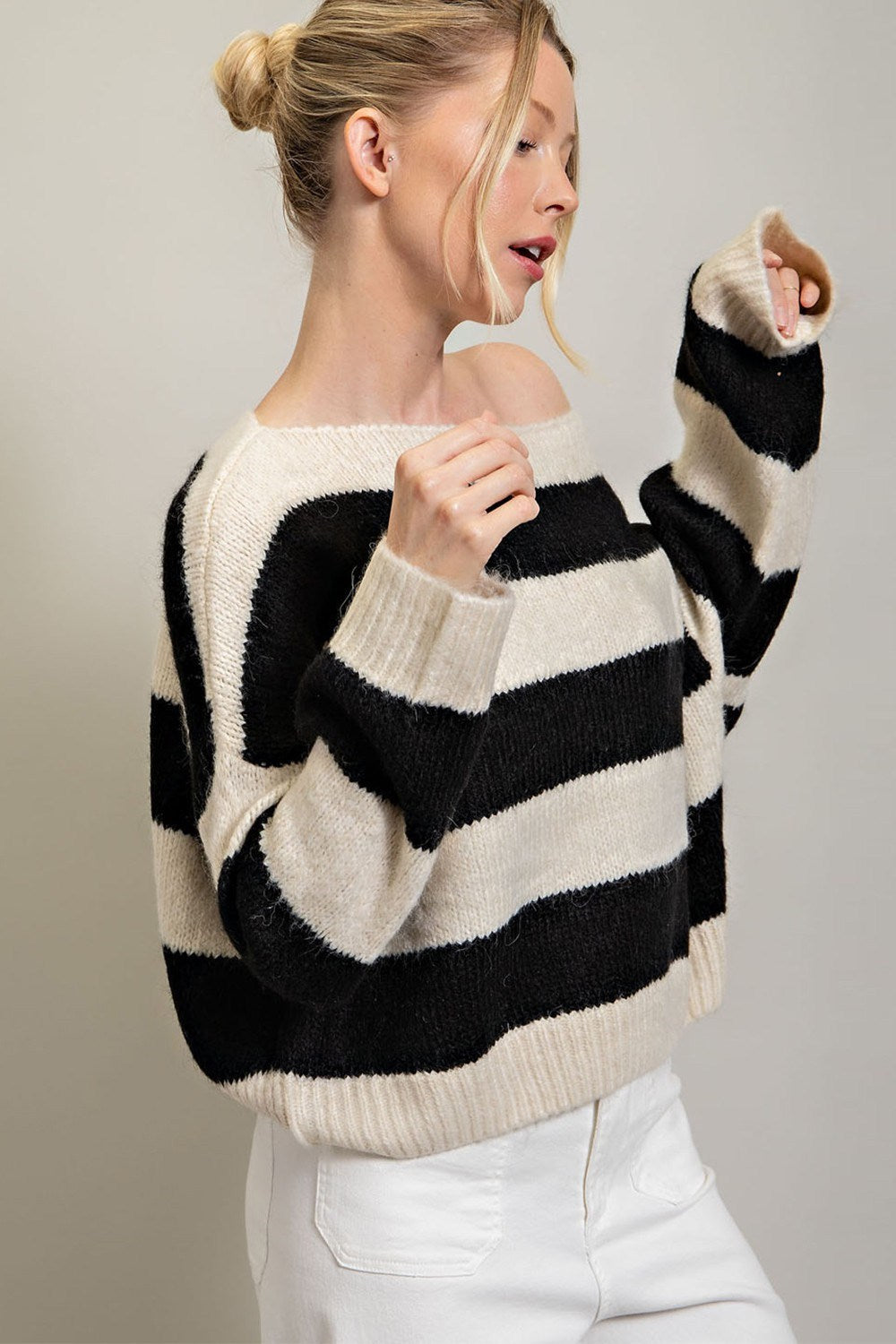 STRIPED COLD SHOULDER SWEATER TOP