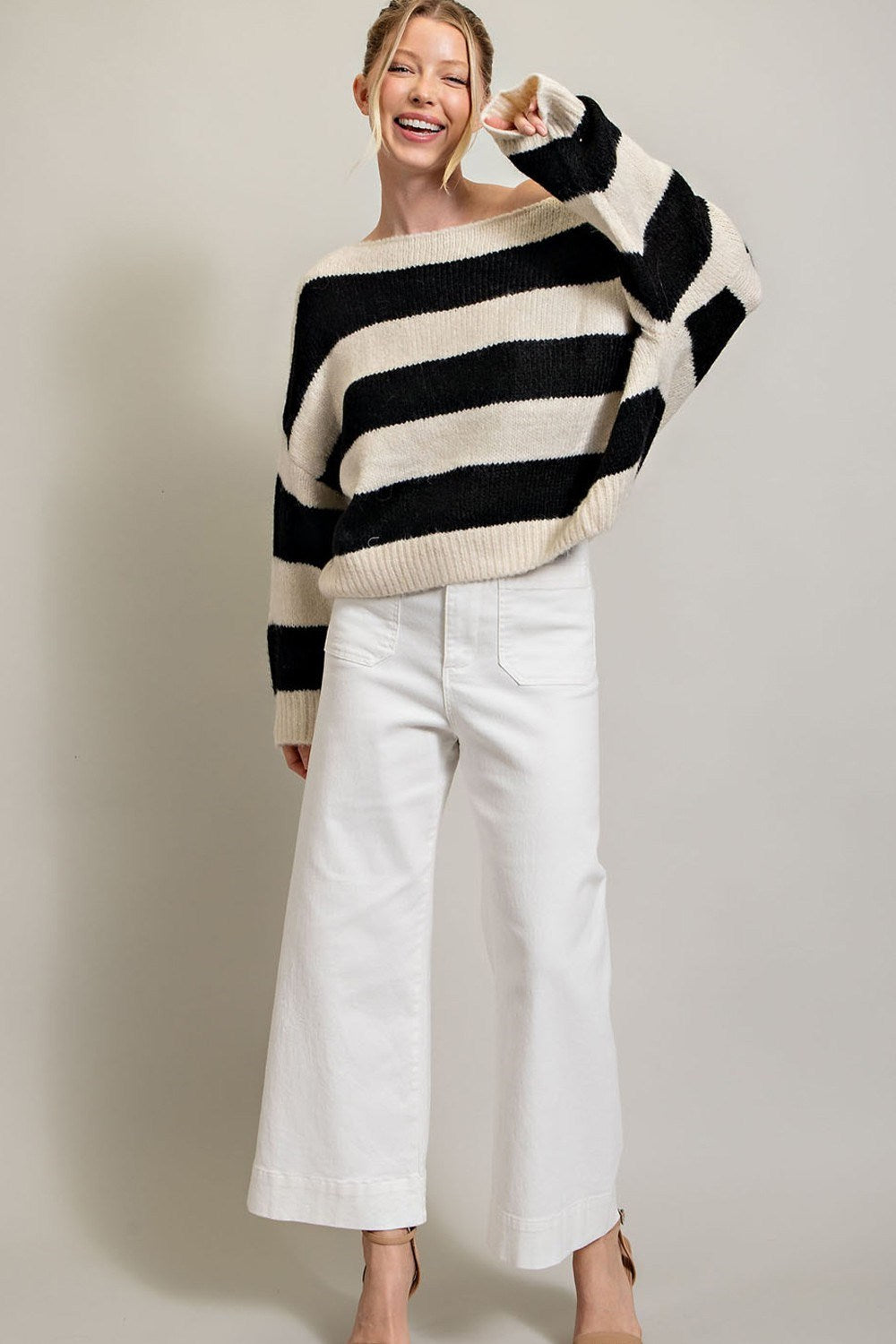 STRIPED COLD SHOULDER SWEATER TOP