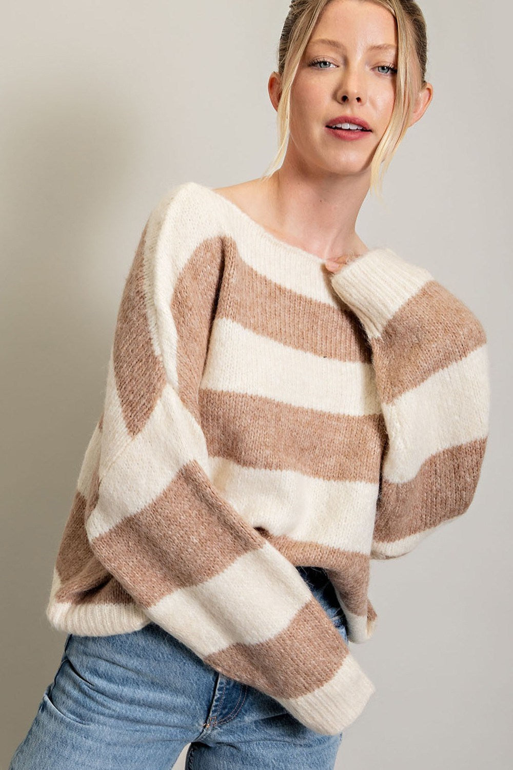 STRIPED COLD SHOULDER SWEATER TOP