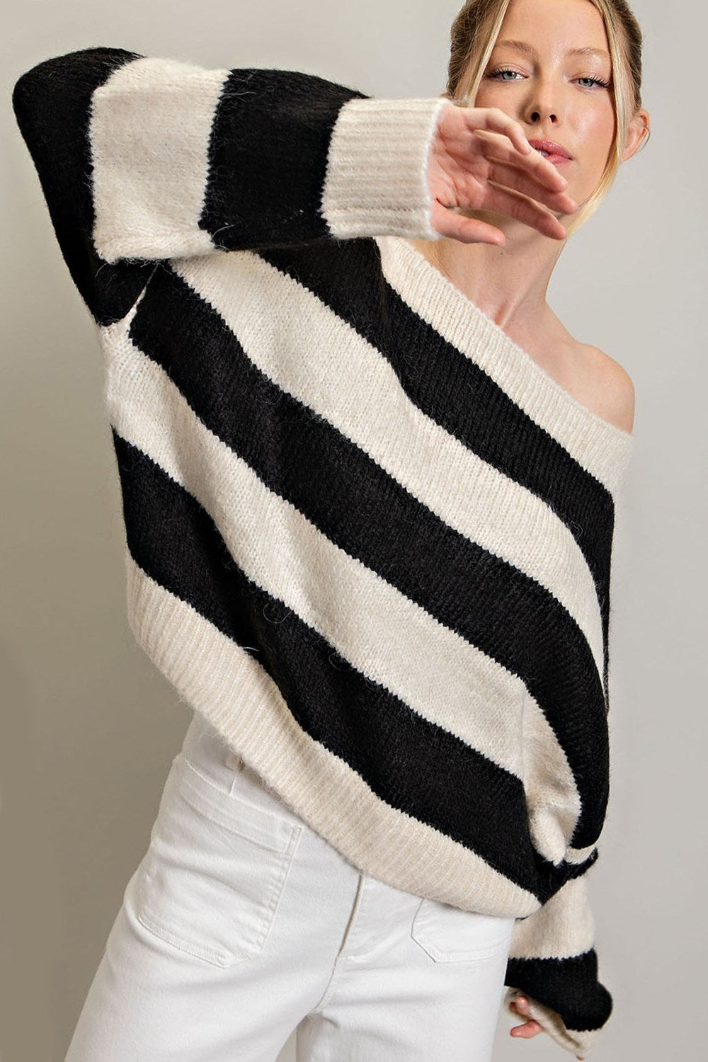 STRIPED COLD SHOULDER SWEATER TOP