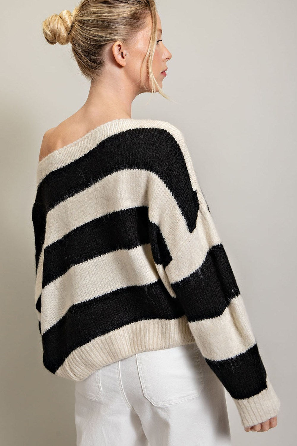 STRIPED COLD SHOULDER SWEATER TOP