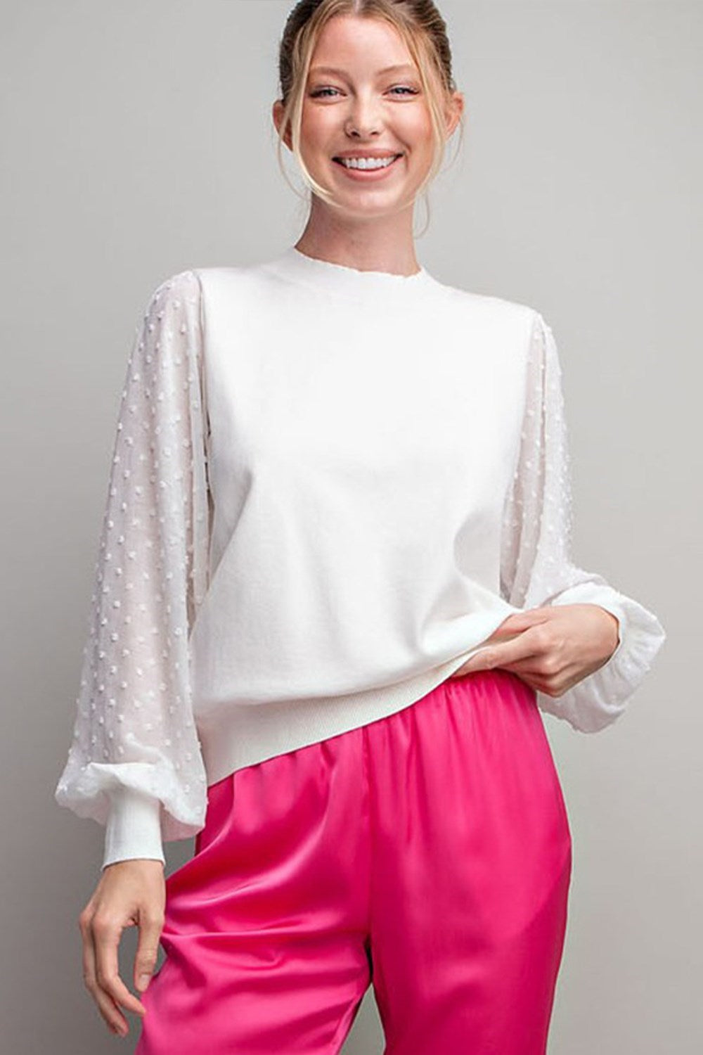 SHEER BUBBLE SLEEVE TOP