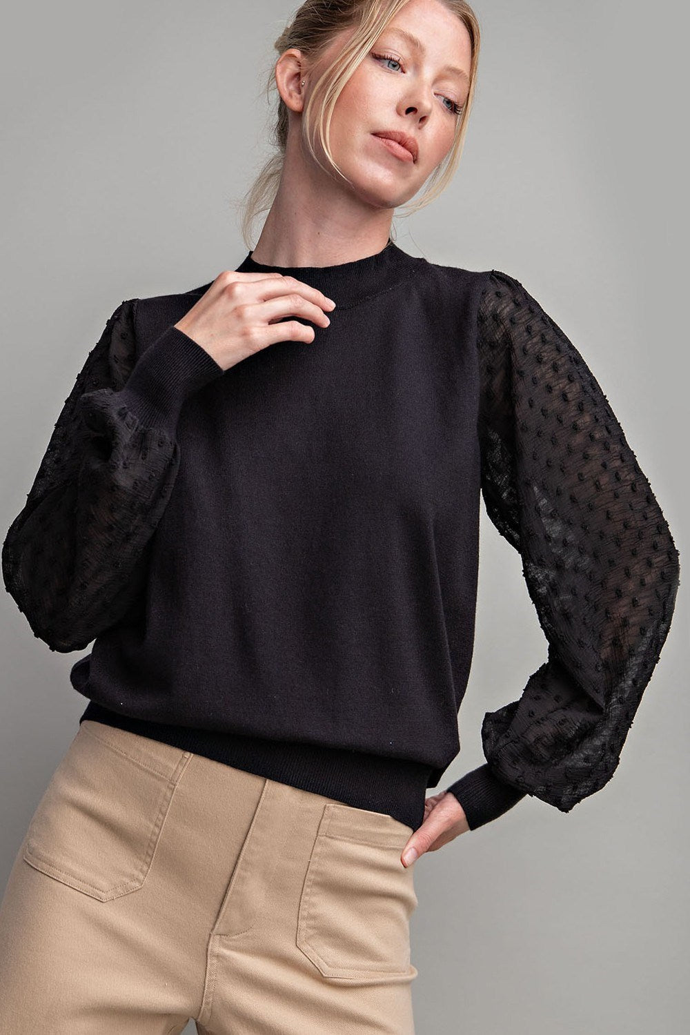 SHEER BUBBLE SLEEVE TOP