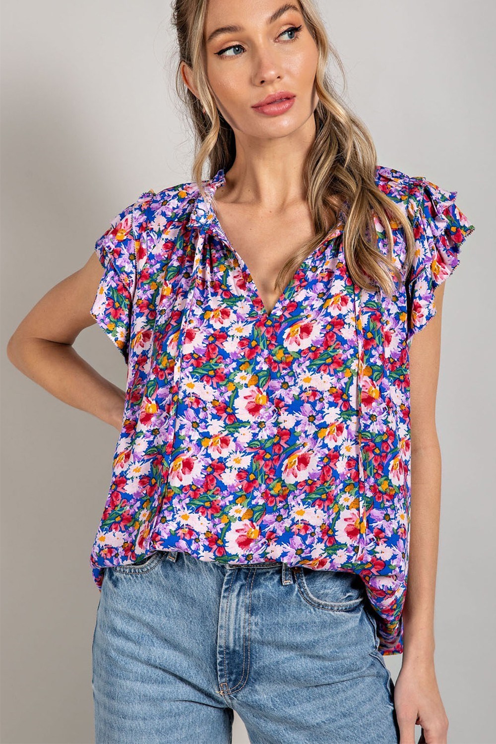 PRINT RUFFLE SHORT SLEEVE TOP