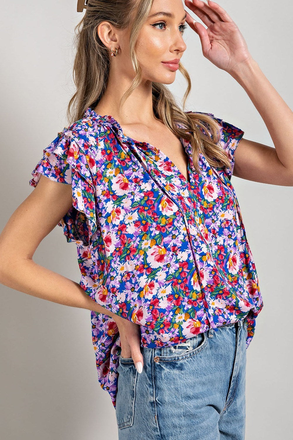PRINT RUFFLE SHORT SLEEVE TOP
