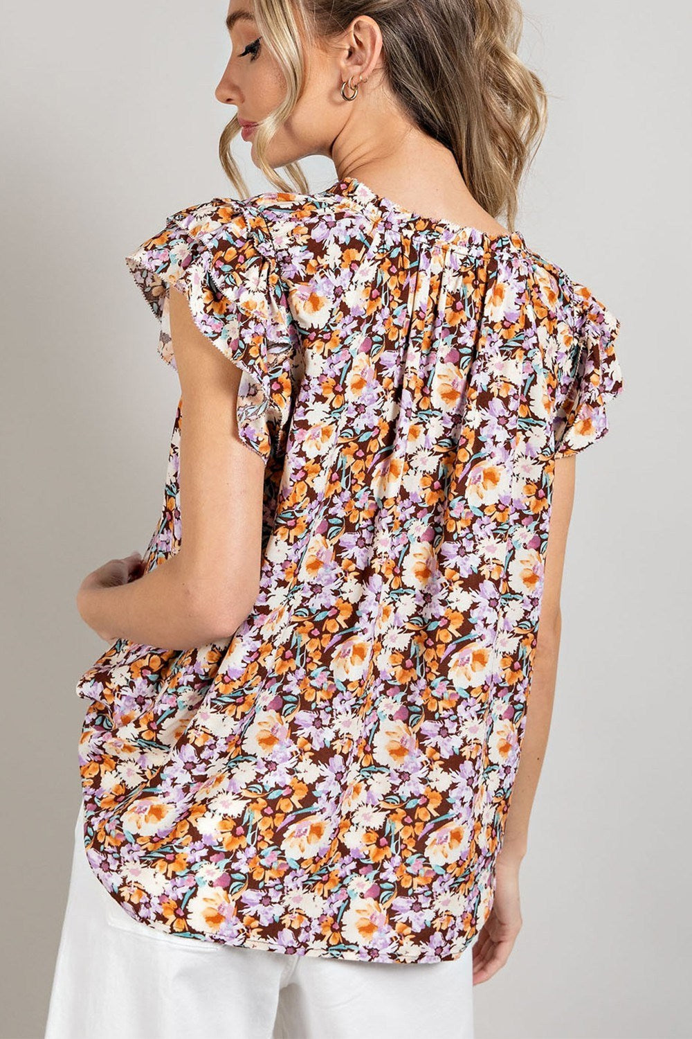 PRINT RUFFLE SHORT SLEEVE TOP