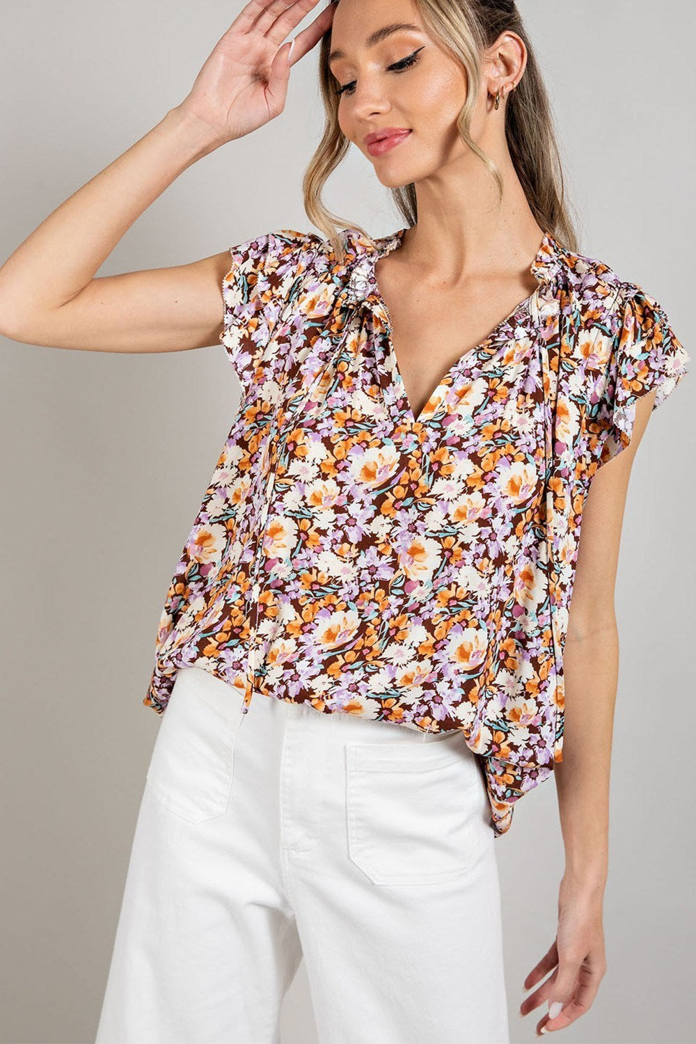 PRINT RUFFLE SHORT SLEEVE TOP