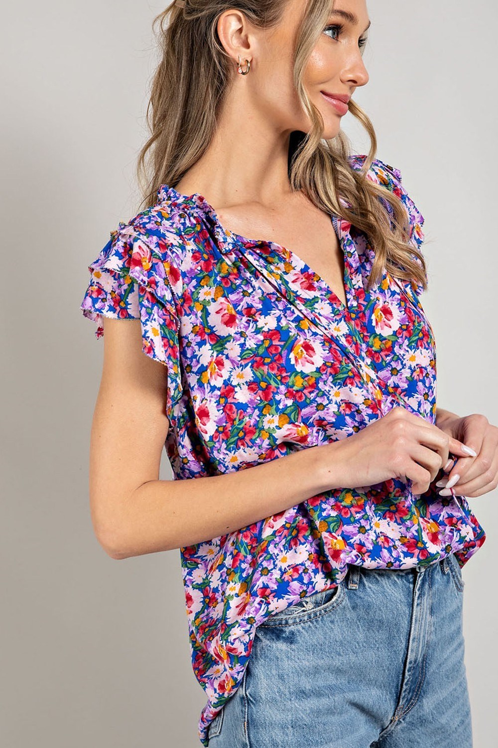 PRINT RUFFLE SHORT SLEEVE TOP
