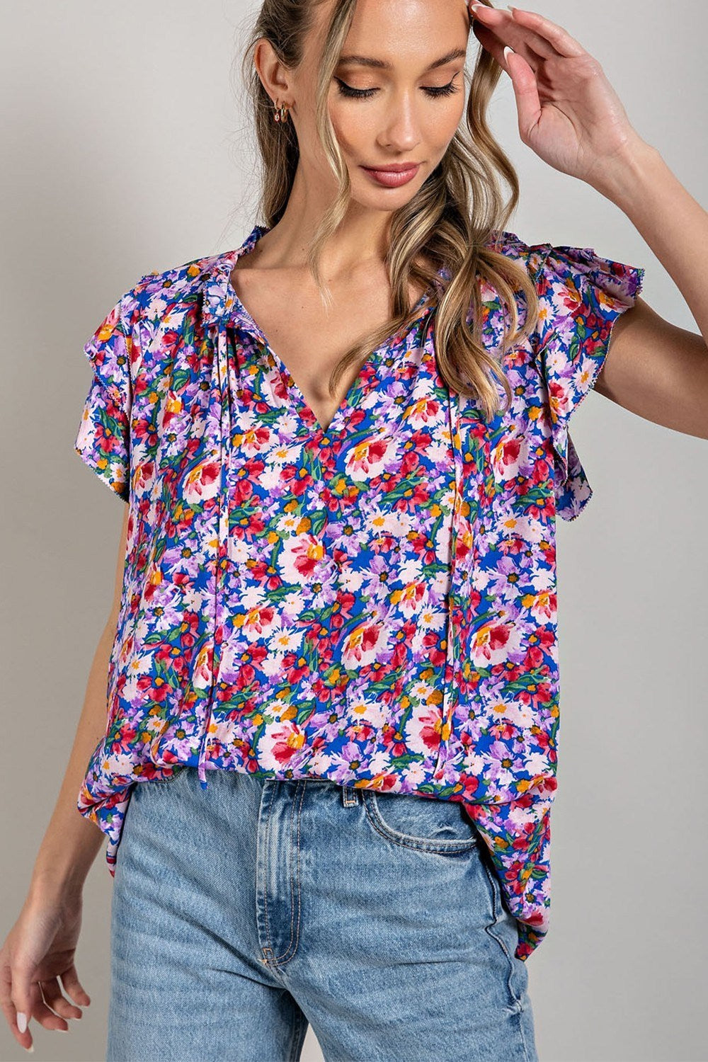 PRINT RUFFLE SHORT SLEEVE TOP