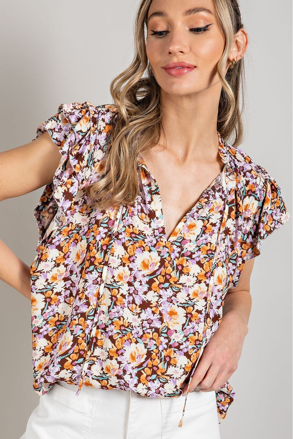 PRINT RUFFLE SHORT SLEEVE TOP