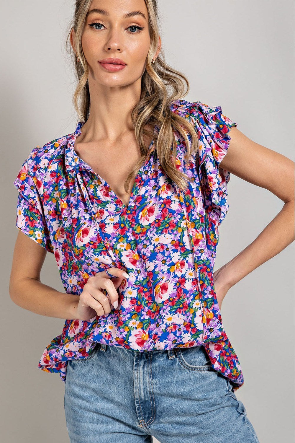 PRINT RUFFLE SHORT SLEEVE TOP
