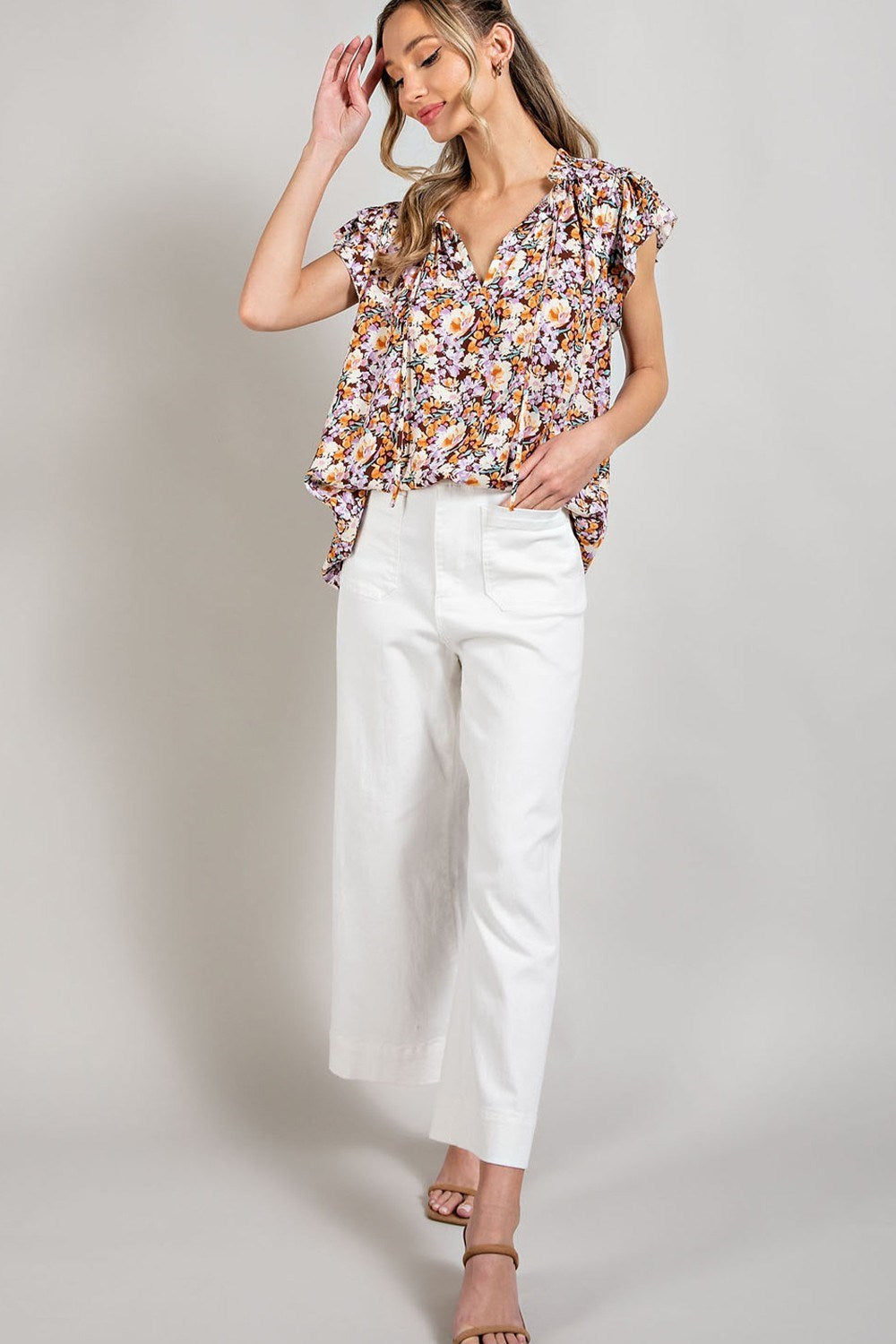 PRINT RUFFLE SHORT SLEEVE TOP