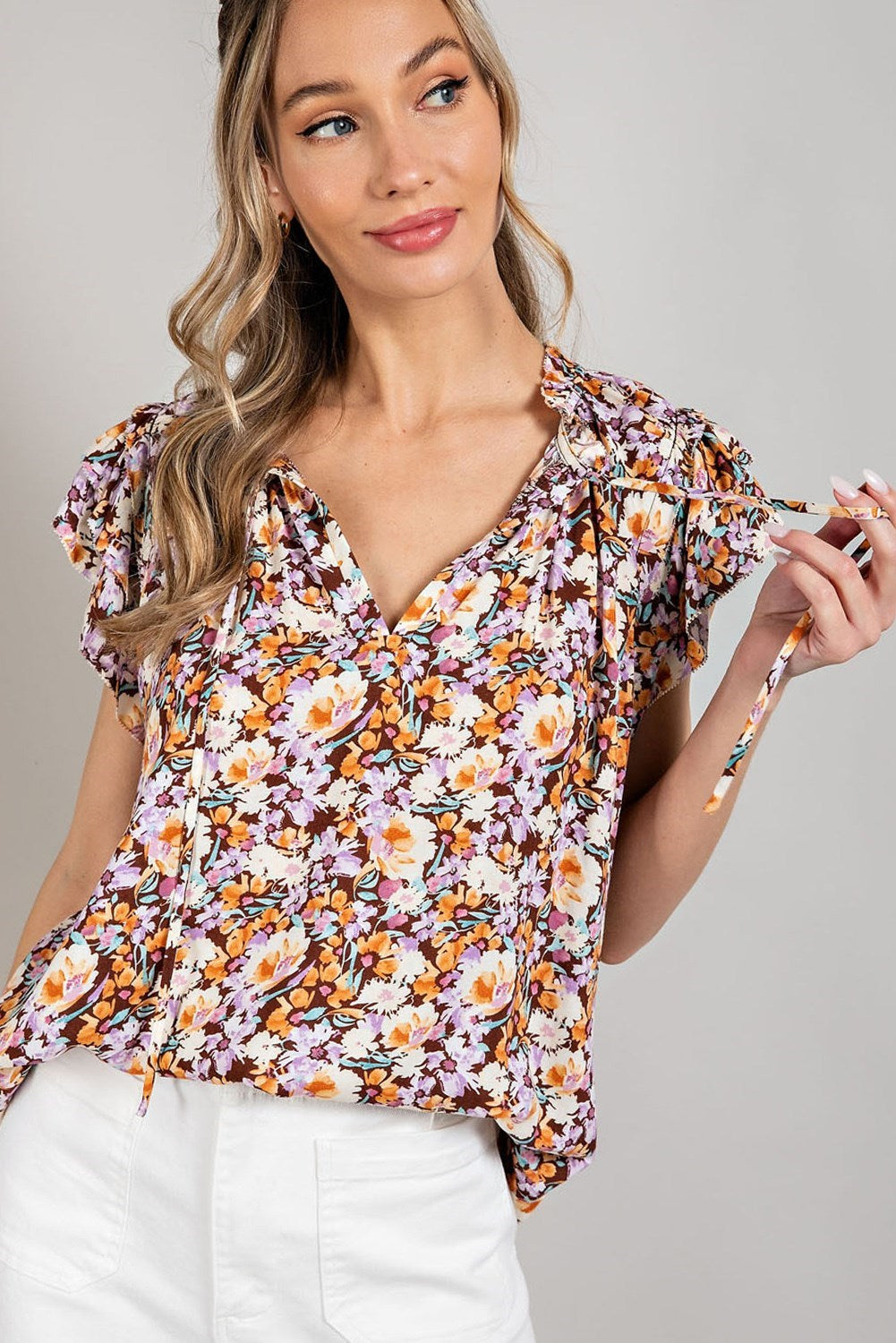 PRINT RUFFLE SHORT SLEEVE TOP