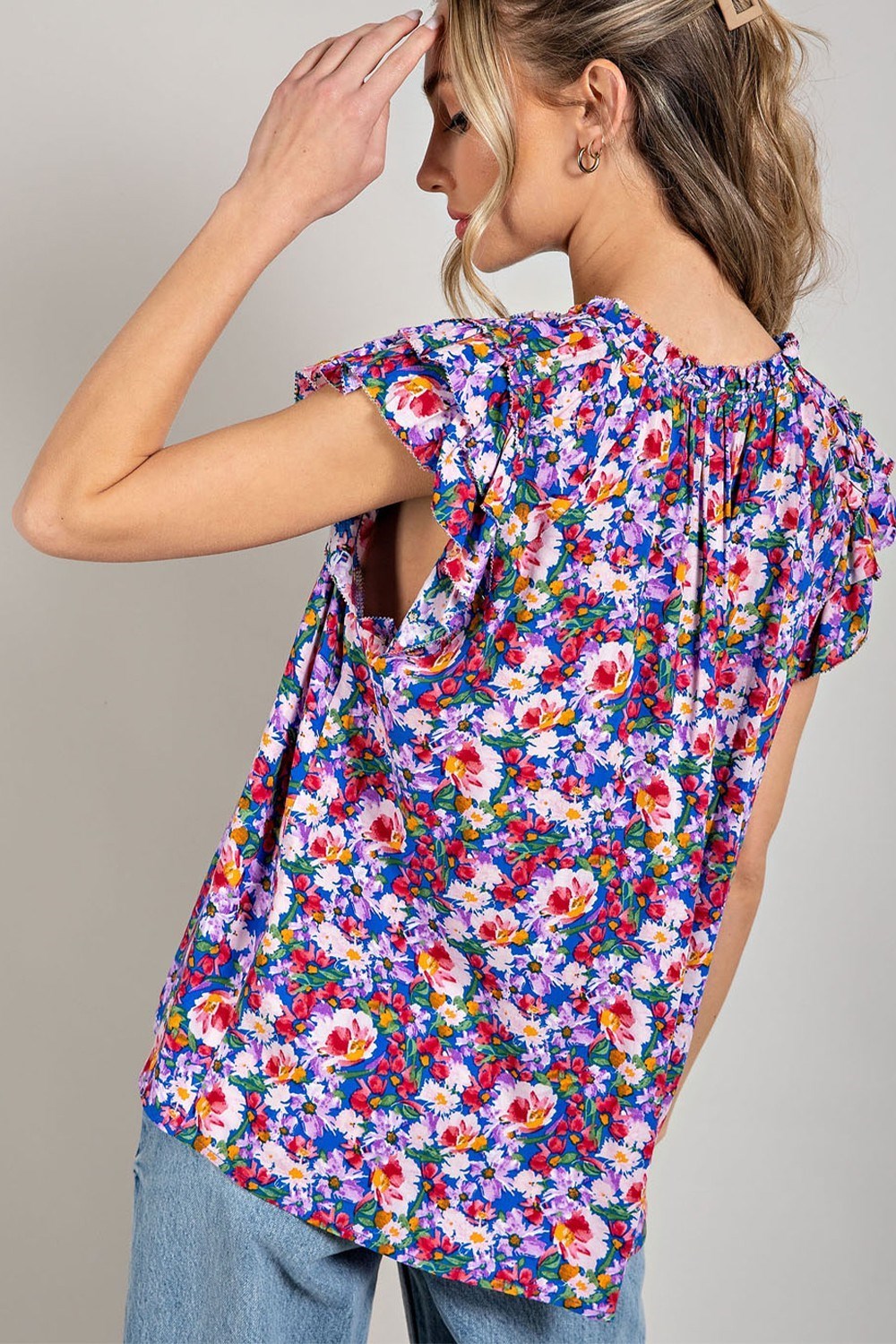 PRINT RUFFLE SHORT SLEEVE TOP