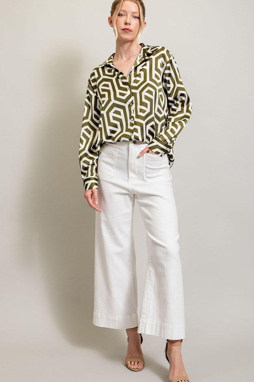 PRINTED BUTTON DOWN LONG SLEEVE TOP