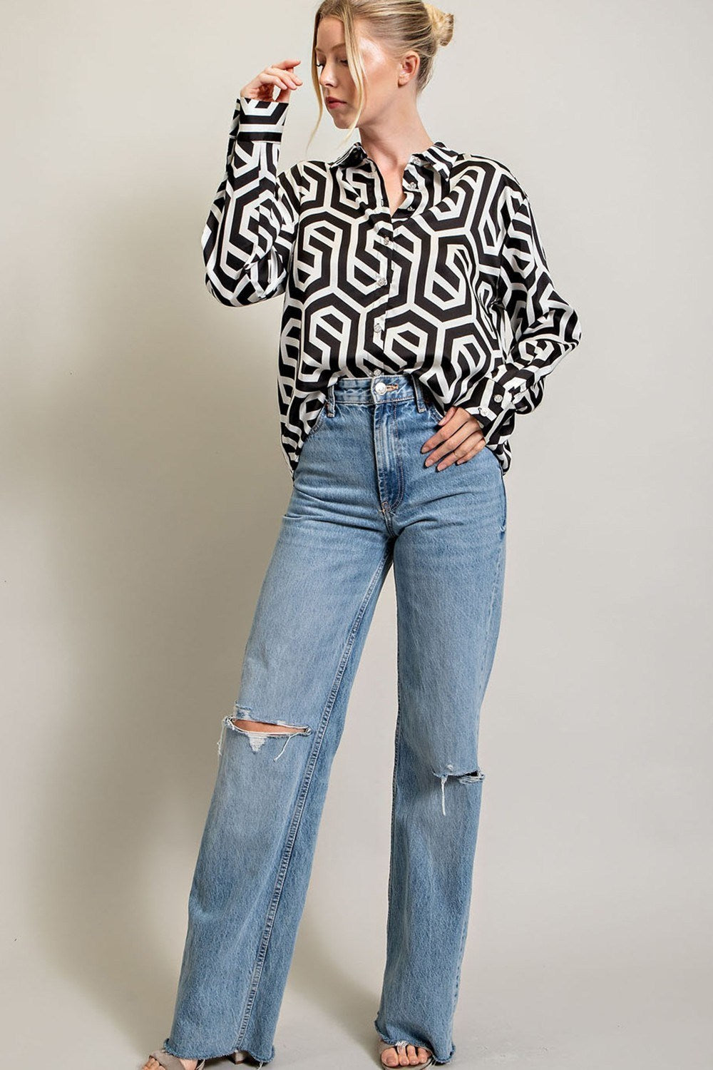 PRINTED BUTTON DOWN LONG SLEEVE TOP