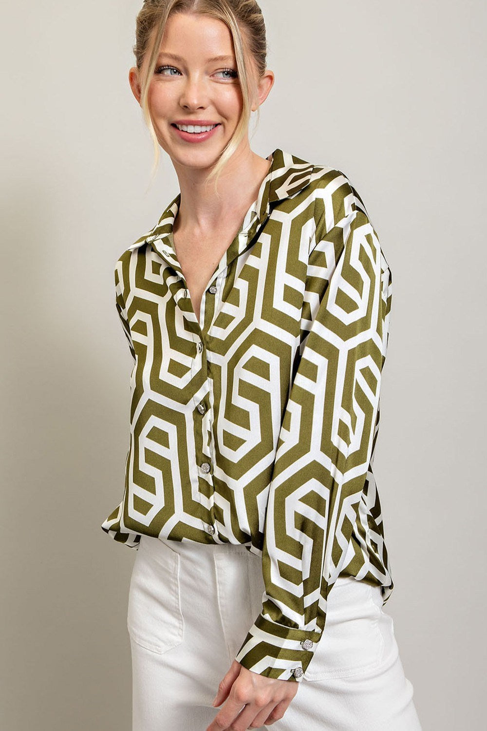 PRINTED BUTTON DOWN LONG SLEEVE TOP