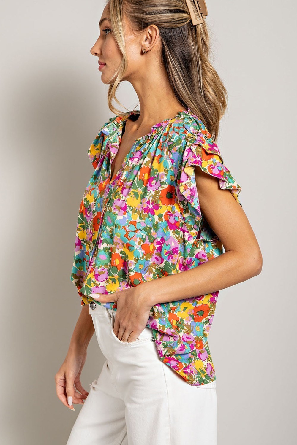 FLORAL DRAWSTRING SHORT SLEEVE TOP
