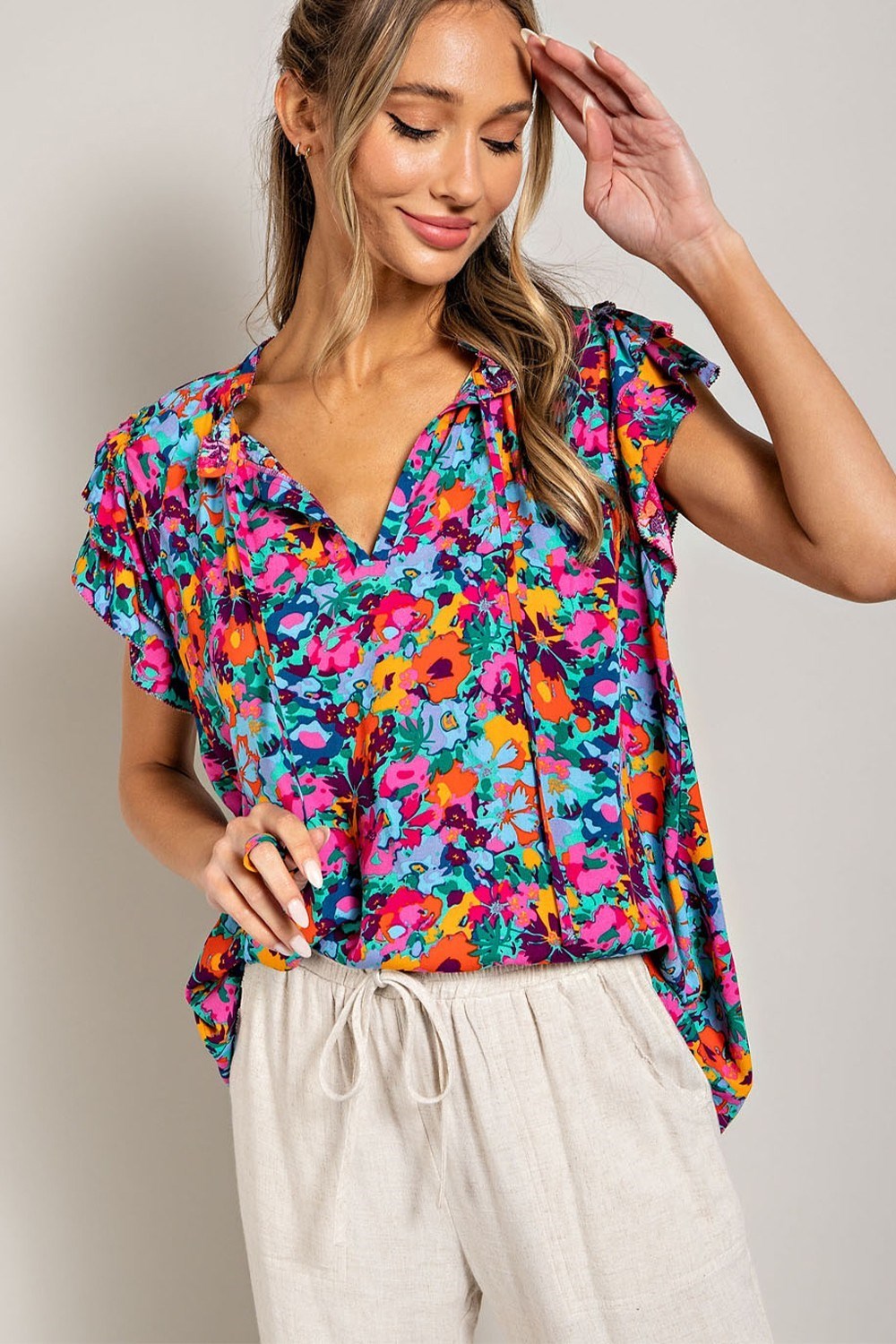 FLORAL DRAWSTRING SHORT SLEEVE TOP