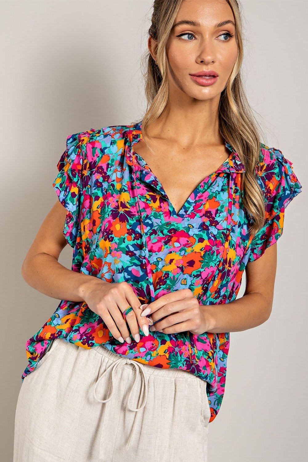 FLORAL DRAWSTRING SHORT SLEEVE TOP