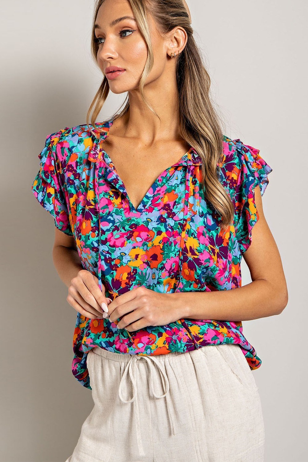 FLORAL DRAWSTRING SHORT SLEEVE TOP