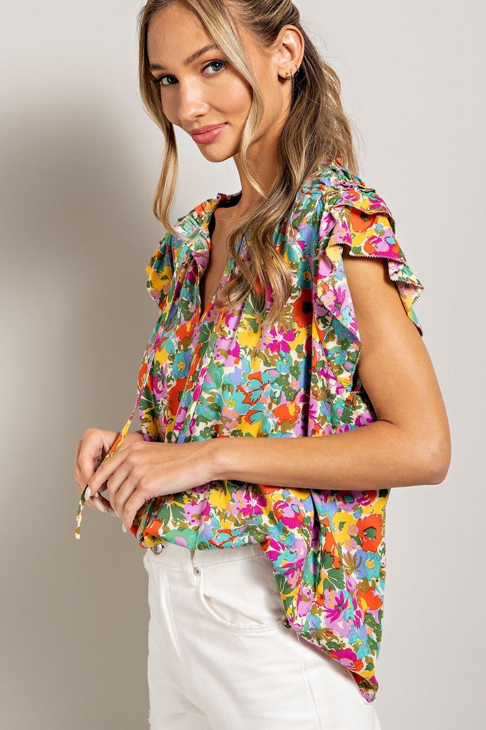 FLORAL DRAWSTRING SHORT SLEEVE TOP