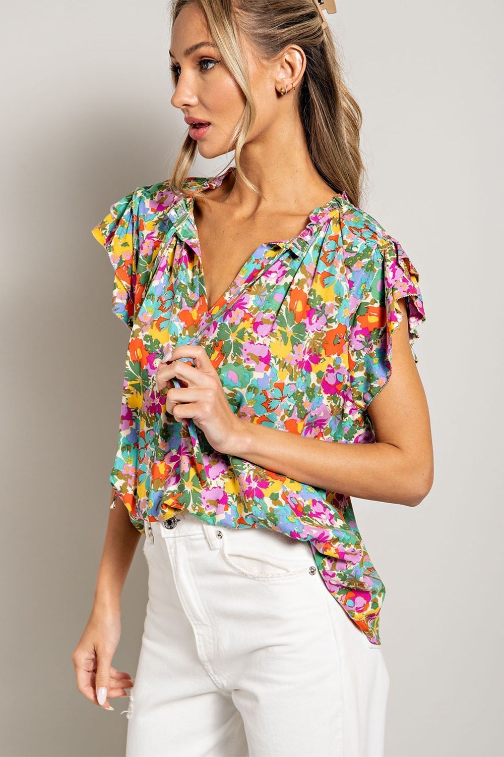 FLORAL DRAWSTRING SHORT SLEEVE TOP