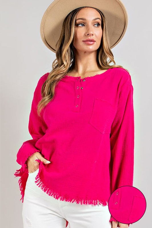 WASHED FRINGE HENLEY LONG SLEEVE TOP