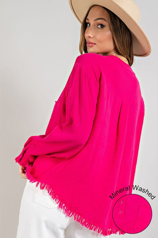 WASHED FRINGE HENLEY LONG SLEEVE TOP
