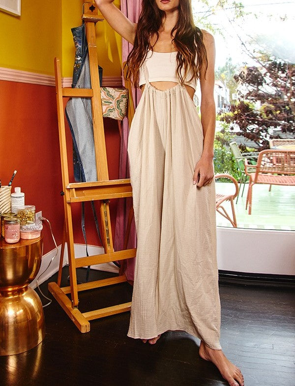 WIDE LEG SOLID TEXTURED SOLID SUSPENDER PANTS