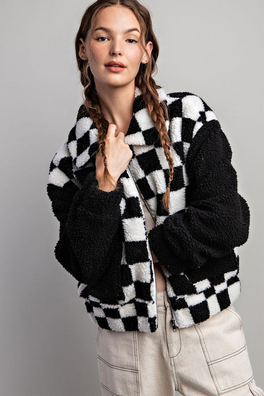 CHECKER PRINTED FUR JACKET