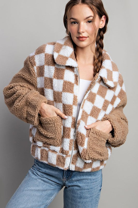 CHECKER PRINTED FUR JACKET