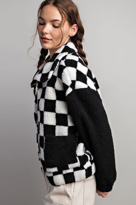 CHECKER PRINTED FUR JACKET