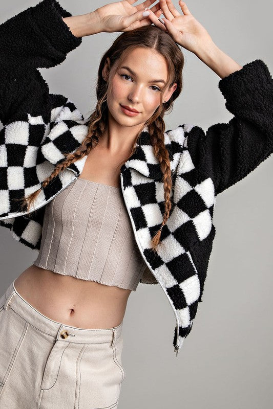 CHECKER PRINTED FUR JACKET