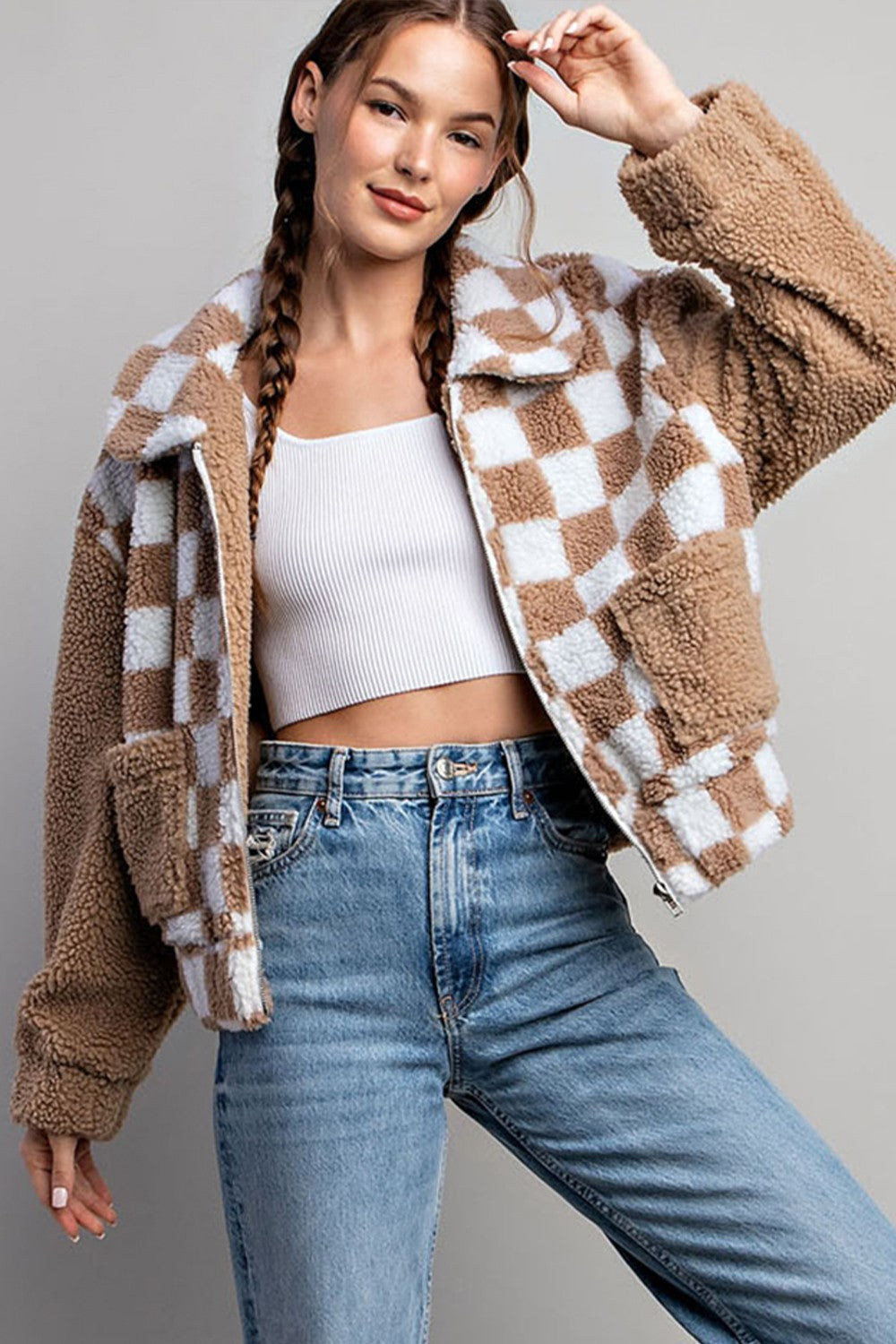 CHECKER PRINTED FUR JACKET