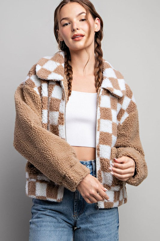 CHECKER PRINTED FUR JACKET