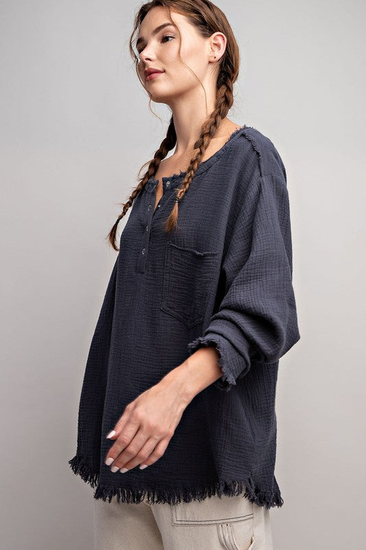 WASHED FRINGE HENLEY LONG SLEEVE TOP