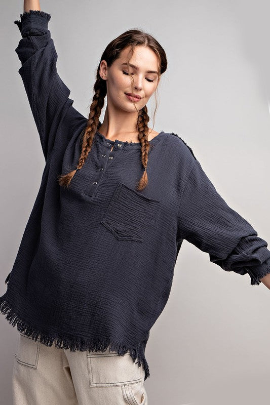 WASHED FRINGE HENLEY LONG SLEEVE TOP
