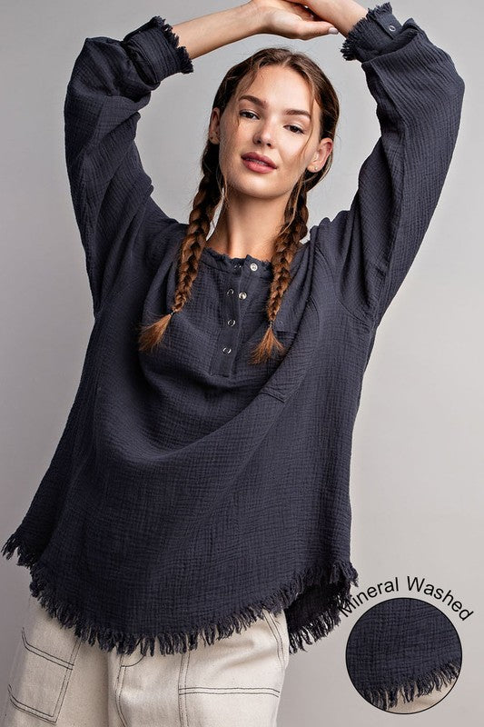 WASHED FRINGE HENLEY LONG SLEEVE TOP