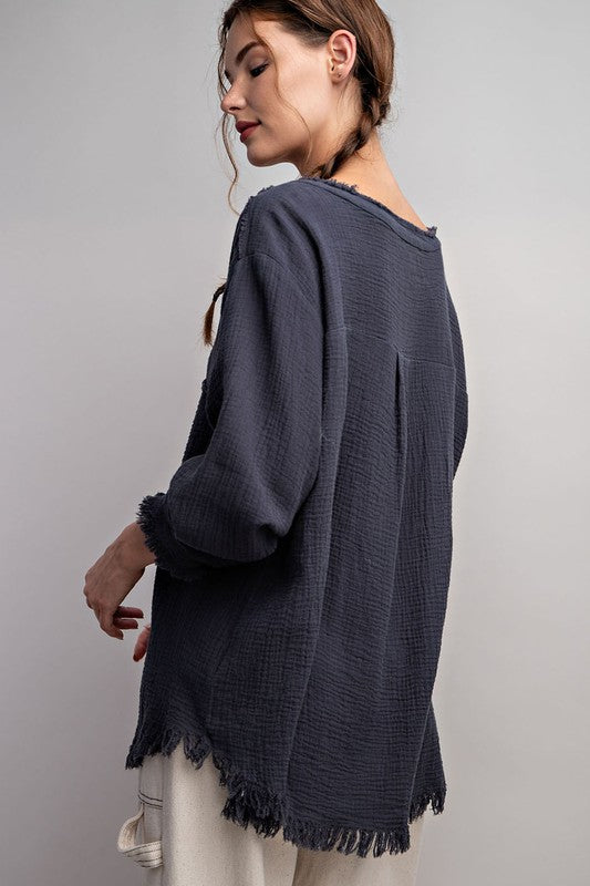 WASHED FRINGE HENLEY LONG SLEEVE TOP