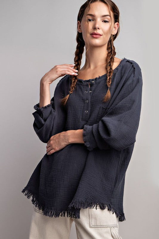 WASHED FRINGE HENLEY LONG SLEEVE TOP